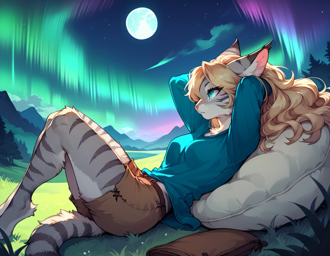 score_9,score_8_up,score_7_up, score_6_up, score_5_up, source_anime, kemono style, Kat, female Anthro furry feline, silver fur, grey stripes on body, blue eyes, long blonde hair, pink nose, :3, she is wearing blue tunic, brown short shorts, barefoot, lying on her back, legs crossed, one foot up, at a small campsite, hands behind head, lying on a brown sleeping bag, on a grassy hill, scenery shot, far away shot, beautiful starry night sky, aurora borealis, full moon, looking up at the sky, content expression, side view,