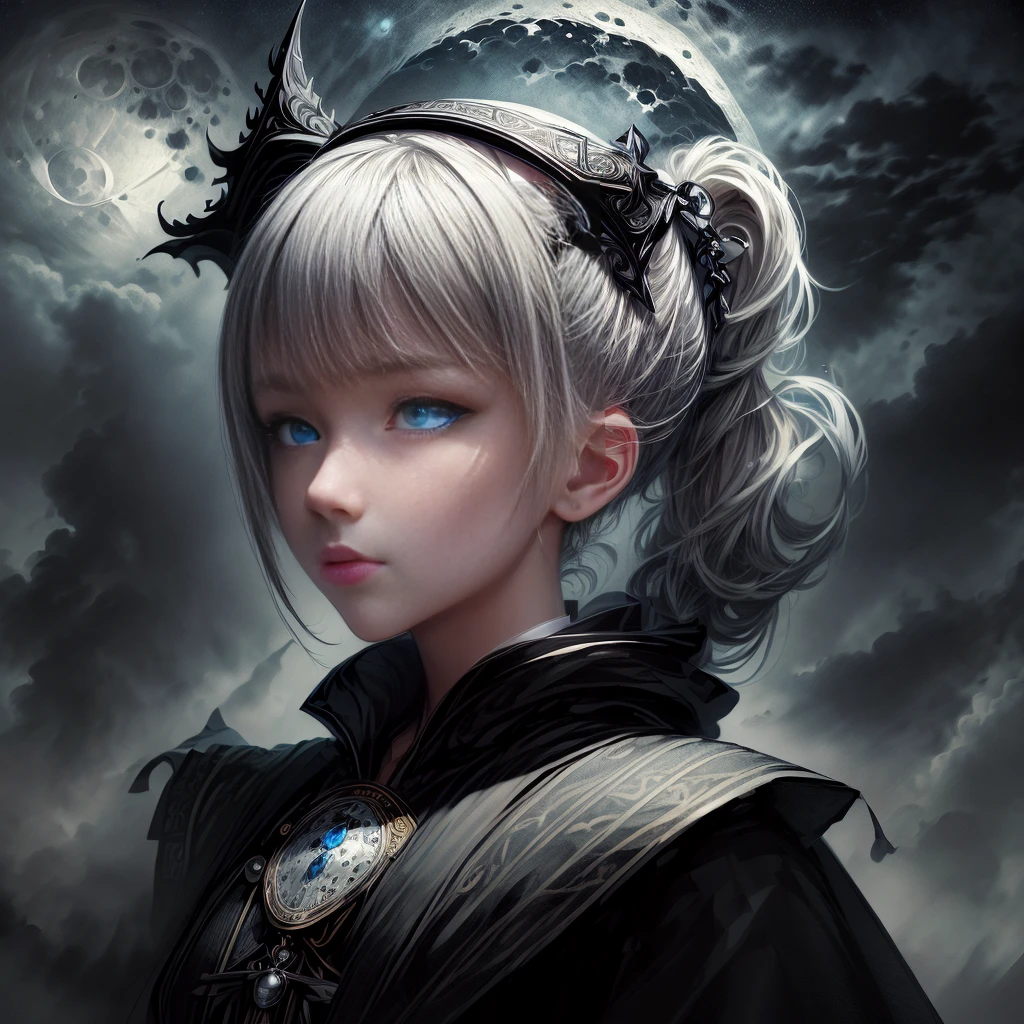 masterpiece, (best quality: 1.2), (Super Fine: 1.2), illustration, (Extremely refined: 1.2), Film Angle, floating, (Beautiful eye for detail: 1.1), (Detail Light: 1.1), Movie Light, Exquisite sky, Miss, White hair, blue eyes, (High Ponytail: 1.1), cloak, Glowing eyes, (moon: 1.2), (moonlight: 1.1), Starry Sky, (Light Particles: 1.1), FOG , Snow painting, sketch, bloom