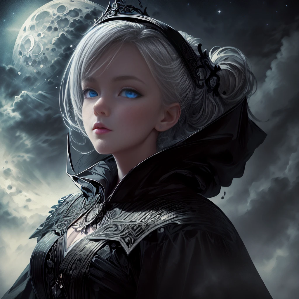 masterpiece, (best quality: 1.2), (Super Fine: 1.2), illustration, (Extremely refined: 1.2), Film Angle, floating, (Beautiful eye for detail: 1.1), (Detail Light: 1.1), Movie Light, Exquisite sky, Miss, White hair, blue eyes, (High Ponytail: 1.1), cloak, Glowing eyes, (moon: 1.2), (moonlight: 1.1), Starry Sky, (Light Particles: 1.1), FOG , Snow painting, sketch, bloom