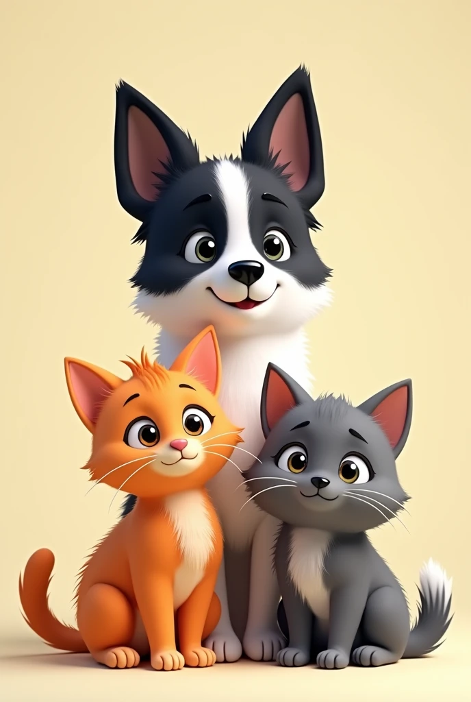 A little orange cat , a gray cat and a black and white border collie dog larger than cats with a 2d animation, that they are stuck facing forward
