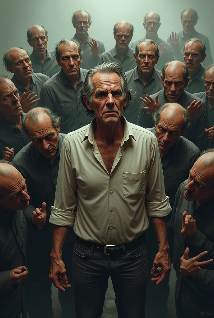 Multiple people around a visibly disturbed man are making various gestures, people are the same man