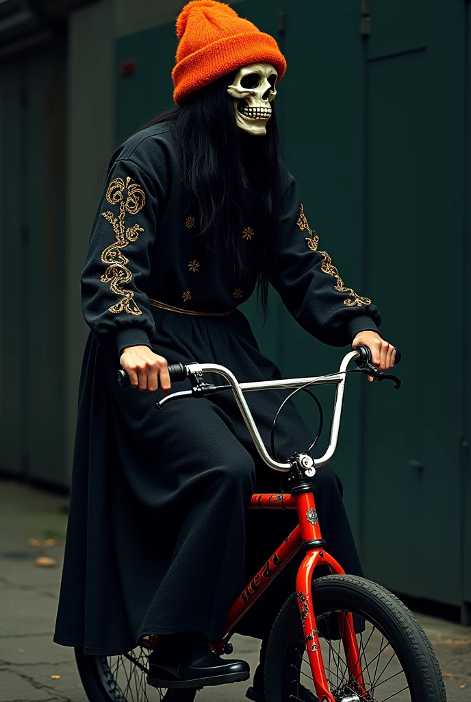 man, black dress, with orange winter hat, on a black bmx, with a skull mask, side perspective