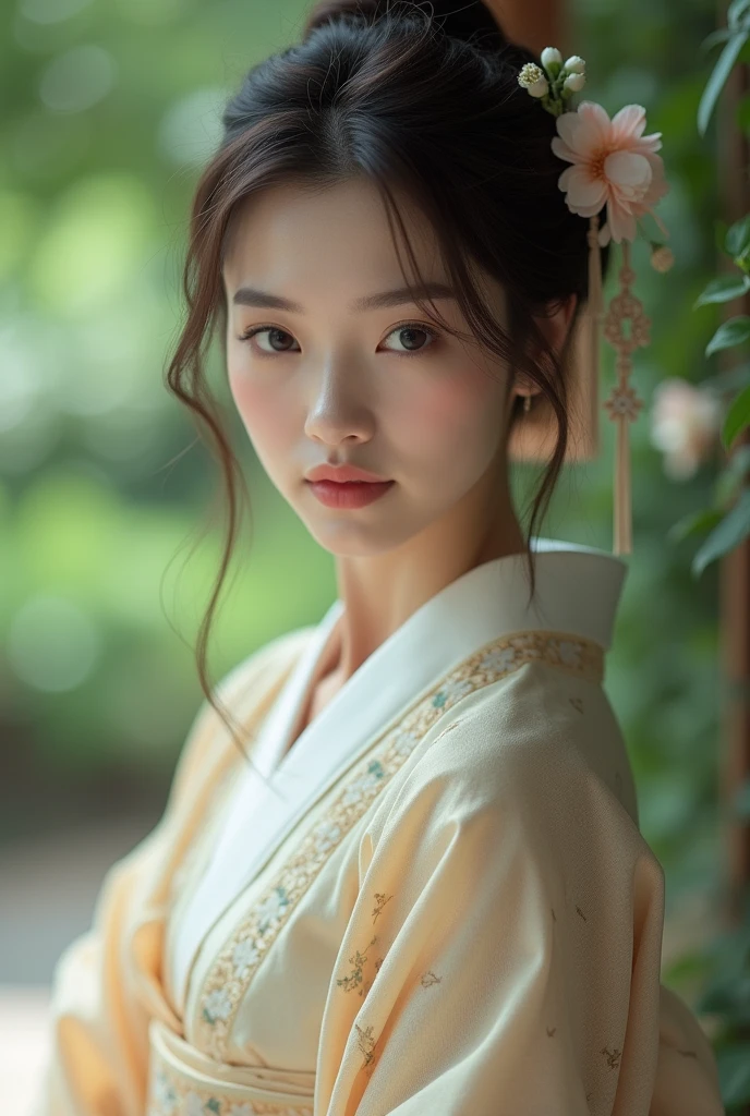 An elegantly dressed Japanese woman in natural light、A close-up of her chest and calm expression.、It shows her inner peace and outer charm.。