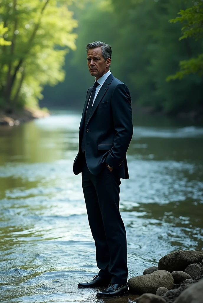 Image of a businessman in a suit standing near a river, looking determined as he plans to cross the water.