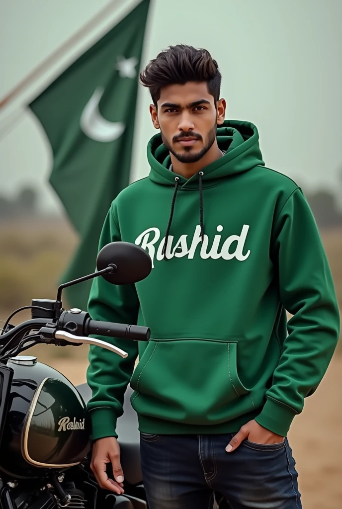 Imagine there is a young man wearing huddy shirt and color of huddy shirt is green and there is written 'Rashid' in the front of shirt and thee is standing heavy bike back of the man and there is hanging Pakistani flag to bike