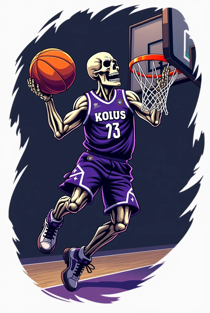 Logo for a basketball team where a skull plays basketball, This one makes a dunk, putting the ball in the hoop. The clothes are designed to highlight the purple and black colors.

"Las Parks"