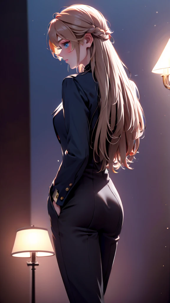 1 Girl, medium light gold hair, light blue eyes, wearing Black Suit 4D , night club TOWN 18+, high res, ultrasharp, 8K, masterpiece, looking from behind