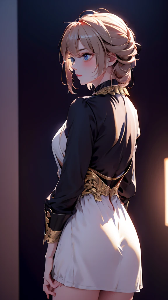 1 Girl, medium light gold hair, light blue eyes, wearing Black Suit 4D , night club TOWN ???, high res, ultrasharp, 8K, masterpiece, looking from behind