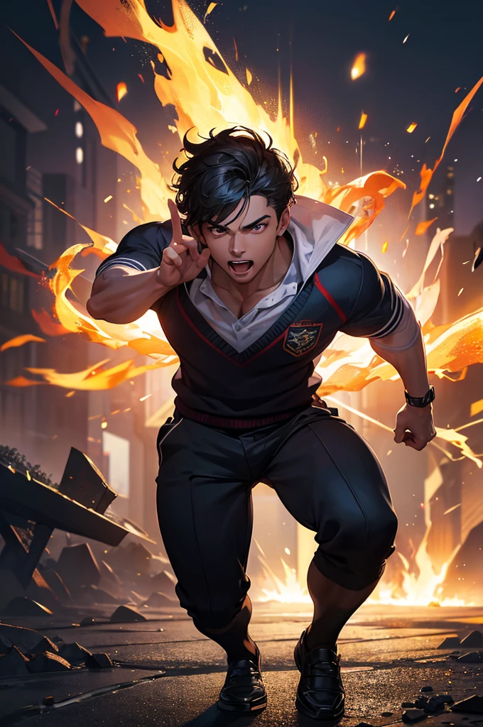 a muscular schoolboy, school uniform, elite, fire powers, best quality, 4k, 8k, highres, masterpiece:1.2, ultra-detailed, realistic, photorealistic, photo-realistic:1.37, HDR, UHD, studio lighting, ultra-fine painting, sharp focus, physically-based rendering, extreme detail description, professional, vivid colors, bokeh, concept art, dramatic lighting, cinematic, volumetric, chiaroscuro, high contrast, glowing, embers, sparks, flame