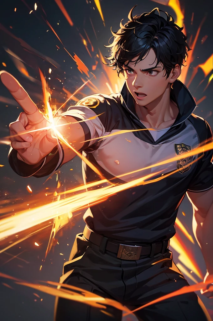 a muscular schoolboy, school uniform, elite, fire powers, best quality, 4k, 8k, highres, masterpiece:1.2, ultra-detailed, realistic, photorealistic, photo-realistic:1.37, HDR, UHD, studio lighting, ultra-fine painting, sharp focus, physically-based rendering, extreme detail description, professional, vivid colors, bokeh, concept art, dramatic lighting, cinematic, volumetric, chiaroscuro, high contrast, glowing, embers, sparks, flame
