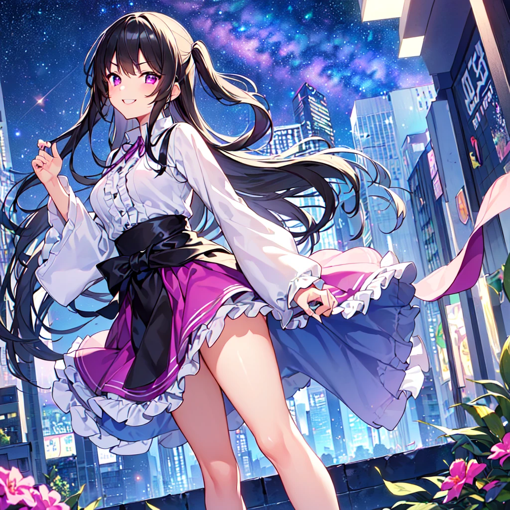 masterpiece, best quality, high quality, extremely detailed, very delicate and beautiful, (1 female 18 years old, solo: 1.5), (long black hair up to waist with two side up: 1.5), bangs to eyebrows, eyes (eyes sharp, strong, glossy, glossy eyebrows), (eye color magenta:1.3), 6.5 head height, (summer fashion: 1.3), knee socks, lace, frills, (smiling), (walking), (dynamic pose), (looking at city from summer hill: 1.3), (Milky Way Night Sky:1.3)