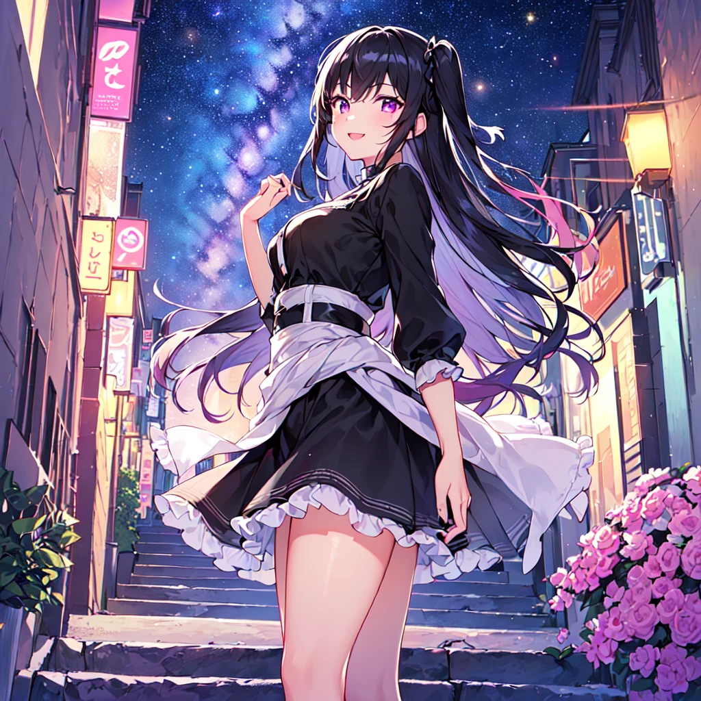 masterpiece, best quality, high quality, extremely detailed, very delicate and beautiful, (1 female 18 years old, solo: 1.5), (long black hair up to waist with two side up: 1.5), bangs to eyebrows, eyes (eyes sharp, strong, glossy, glossy eyebrows), (eye color magenta:1.3), 6.5 head height, (summer fashion: 1.3), knee socks, lace, frills, (smiling), (walking), (dynamic pose), (looking at city from summer hill: 1.3), (Milky Way Night Sky:1.3)