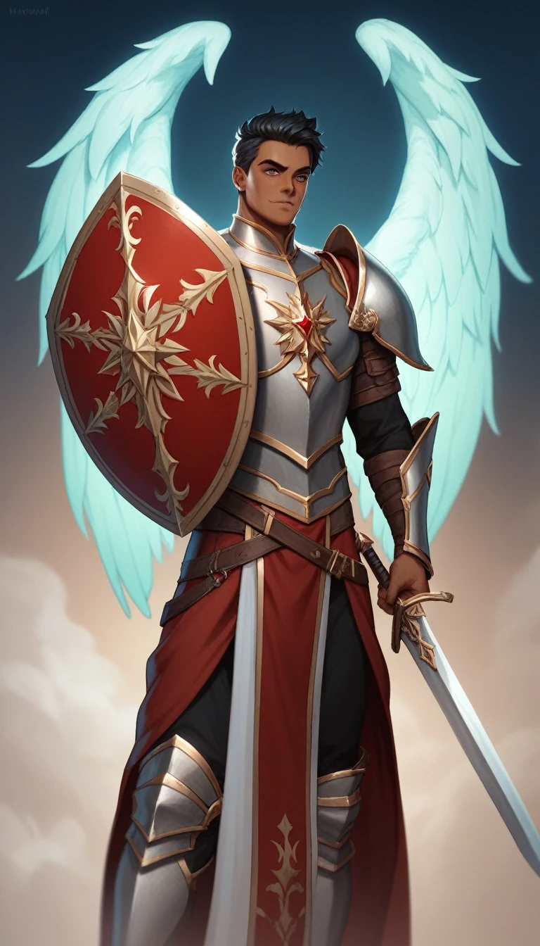 dungeons and dragons, character design, best quality, masterpiece, extremely detailed, 30 year old, male aasimar, huge angelic wings, tanned skin, short and wavy dark hair, wearing heavy plate armor, glowing celestial runes, flowy tabard, swooping down, swinging a sword in his left hand, carrying ornate shield in his right hand, cinematic lighting, extremely dramatic shadows, perfect face, perfect hands, perfection