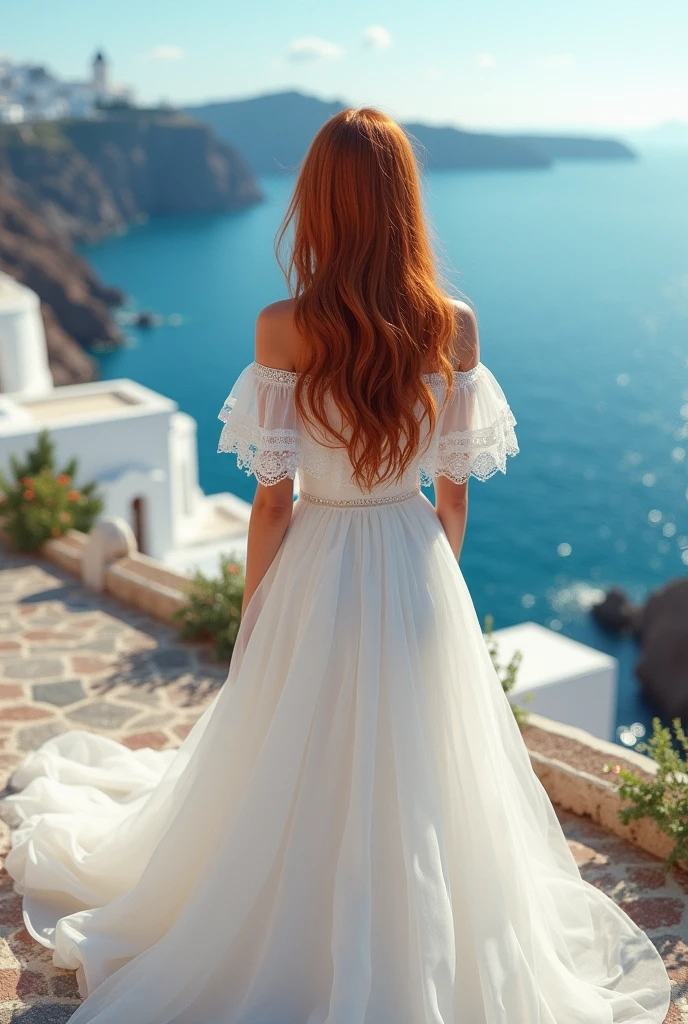 Santorini, sea view, beautiful sea, back view, girl with long hair, reddish-brown hair, frilly off-shoulder white wedding dress, bouquet of blue roses in one hand
