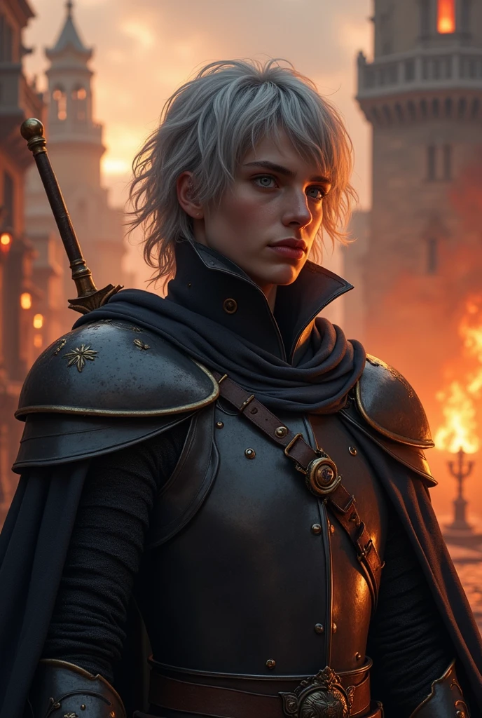 un paladin en armure sombre avec des cheveux gris tenant une épée lumineuse et avec un bouclier, se tenant devant une ville en flamme dans un style fantastique