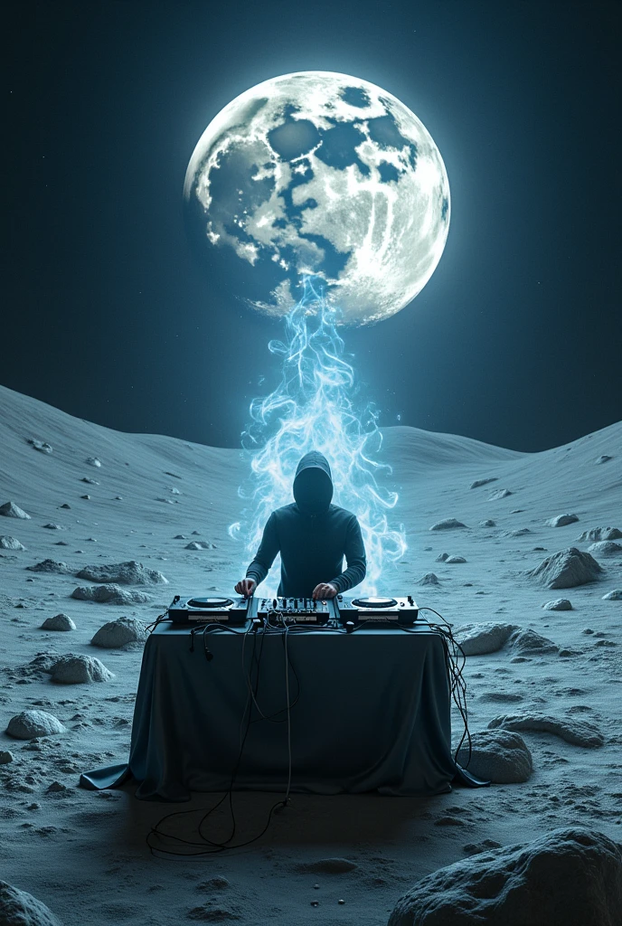 Please create a very hypnotic image where a guy is playing dj on moon and please show his soul release from his body and soul try to going with moon