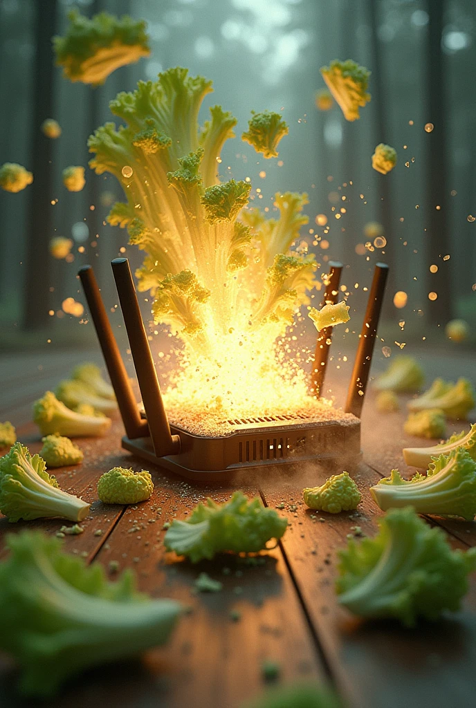 wifi router exploding along with pieces of lettuce 