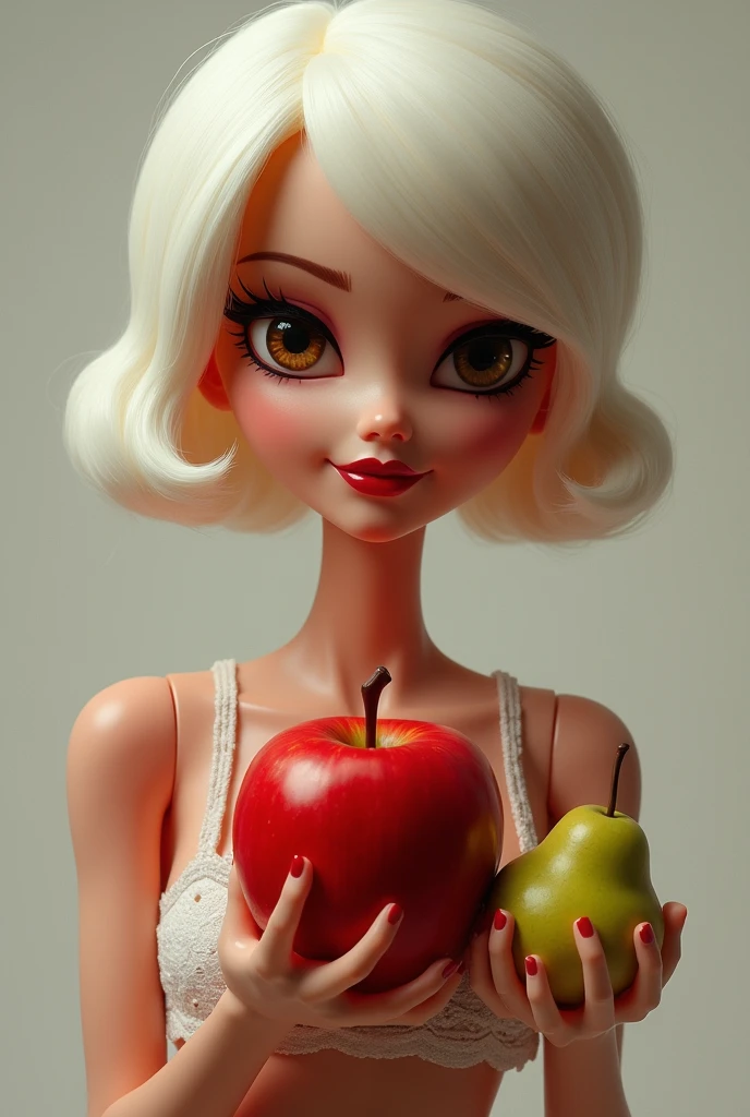 Barbie style cartoon, SEX,intimidating look of brown eyes short white hair to the shoulder ,with an apple and a pear, Forbidden fruit,sensual look photo pose, en representación apunto de comer el Forbidden fruit del eden