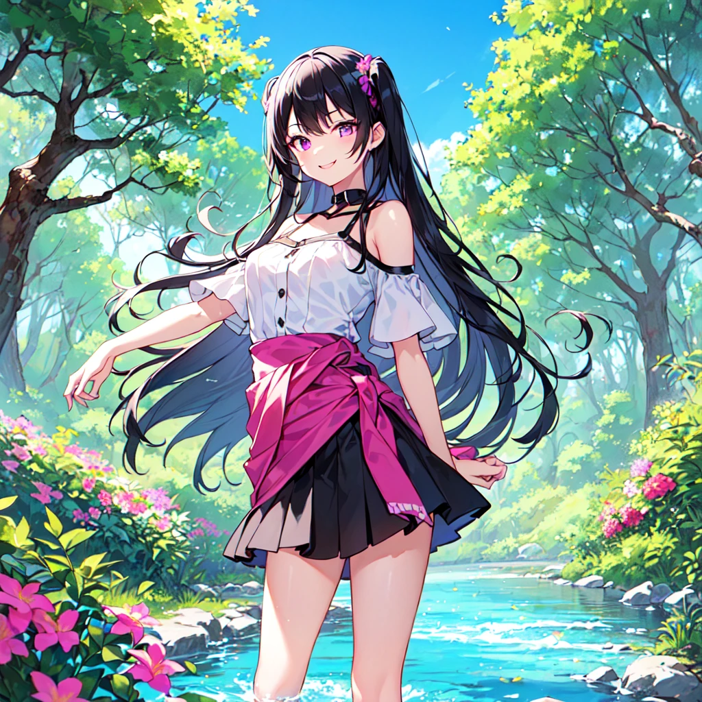 masterpiece, best quality, high quality, extremely detailed, very delicate and beautiful, (1 female 18 years old, solo: 1.5), (long black hair up to waist with two side up: 1.5), bangs to eyebrows, eyes Eyes sharp and strong, glossy, eyebrows glossy, (eye color magenta:1.3), 6.5 head height, (summer fashion: 1.3), (smiling), (standing on river), (dynamic pose), (summer flowers forest and river:1.3), (blue sky:1.3)