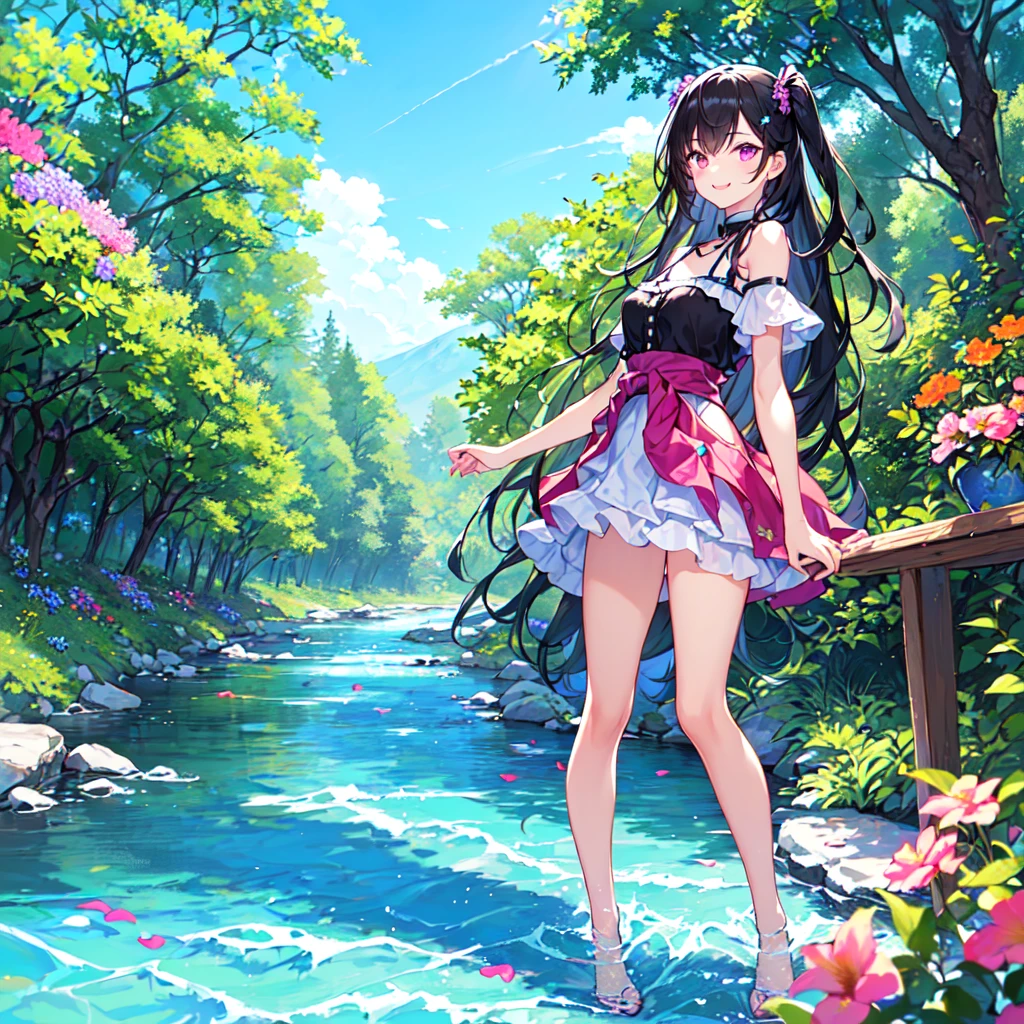 masterpiece, best quality, high quality, extremely detailed, very delicate and beautiful, (1 female 18 years old, solo: 1.5), (long black hair up to waist with two side up: 1.5), bangs to eyebrows, eyes Eyes sharp and strong, glossy, eyebrows glossy, (eye color magenta:1.3), 6.5 head height, (summer fashion: 1.3), (smiling), (standing on river), (dynamic pose), (summer flowers forest and river:1.3), (blue sky:1.3)
