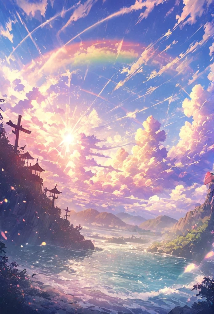Scenery - The sea sparkles below - Pastel gradient background - Highest quality,
Sparkling.
Rainbow colored clouds。
Healing,bright。
dazzling。
landscape,grow,
null.
Rainbow dragon, Japanese dragon, realistic texture