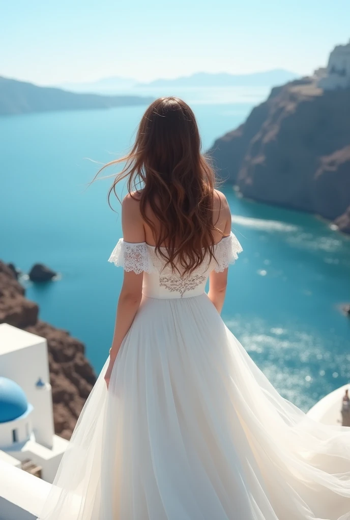 Santorini, the sea is visible, the sea is beautiful, the back view, the face is not visible, a girl with long hair, brown hair, a white wedding dress with frills, off-the-shoulder, a little fat
