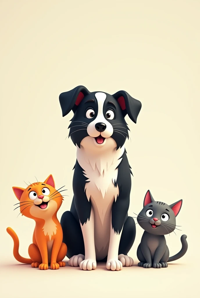 A little orange cat , a gray cat and a black and white border collie dog larger than cats with a 2d animation, that they are stuck facing forward 
