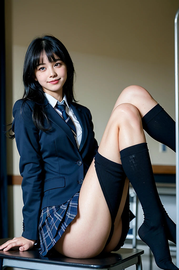 A girl sitting with her legs apart in a school classroom,Blue tie uniform,Dark Blue Blazer,Blue plaid skirt,18-year-old,bangs,Smile a little,Thighs,knees,From below, Navy blue knee socks, Long Hair, Black Hair, Highest quality, masterpiece, High resolution, Ultra high definition,