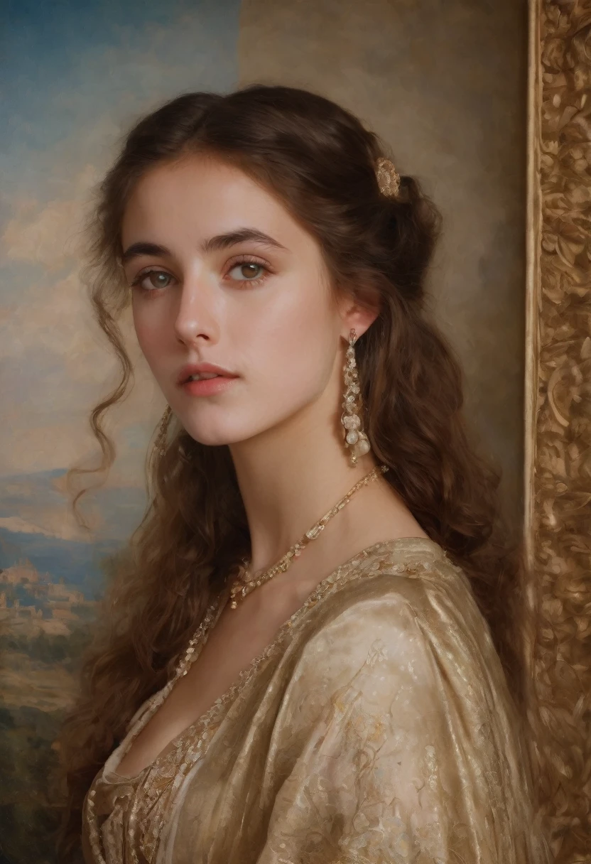 (highres,masterpiece:1.2),(realistic:1.37), A portrait of a Jewish girl in the 20th century with unparalleled beauty. , eldest daughter of a wealthy merchant, The lighting is soft and diffused, accentuating the girl's ethereal beauty. The colors are vibrant and rich, creating a captivating visual experience. The portrait is created in the style of classical portraiture, reminiscent of the works of renowned artists from the era. It exudes elegance, grace, and sophistication. A great masterpiece of the century, you can even feel the breath of the lively girl , hyper breasts,gigantic breasts,large breasts