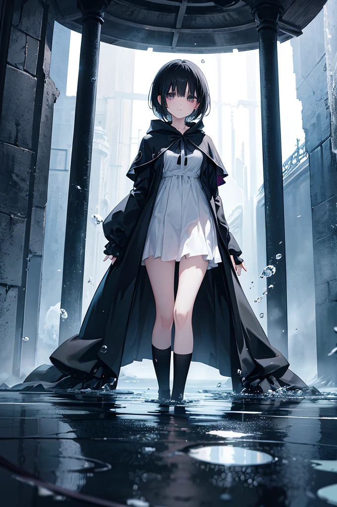 anime girl with black short hair, black cloak, apocaliptic, floating drops of water, ethereal, dramatic lighting, standing on her knees at water floor, fantasy, lost somewhere dark