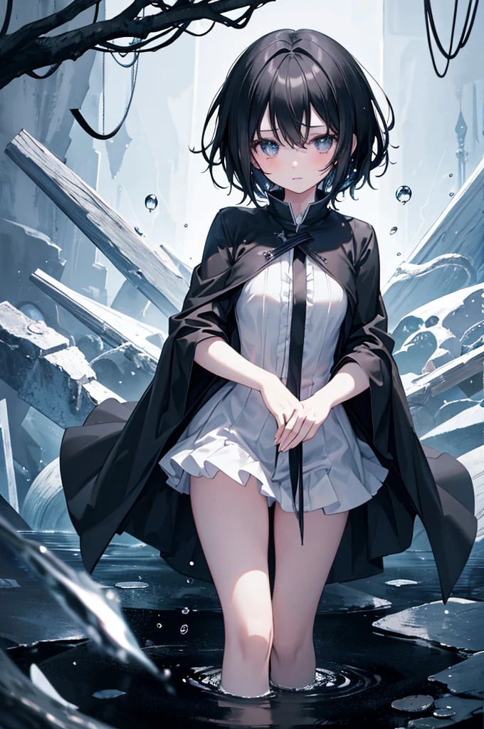 anime girl with black short hair, black cloak, apocaliptic, floating drops of water, ethereal, dramatic lighting, standing on her knees at water floor, fantasy, lost somewhere dark