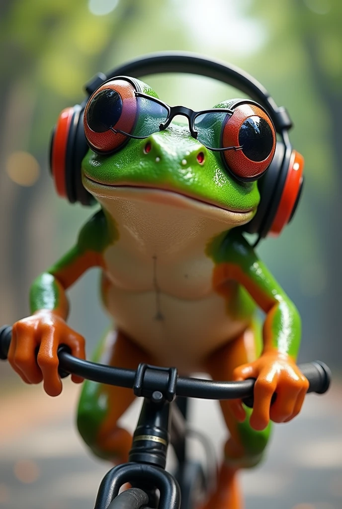 Frog raiding a bicycle with a big smile in her face, a headphone in her head,a sunglasse in eye, 