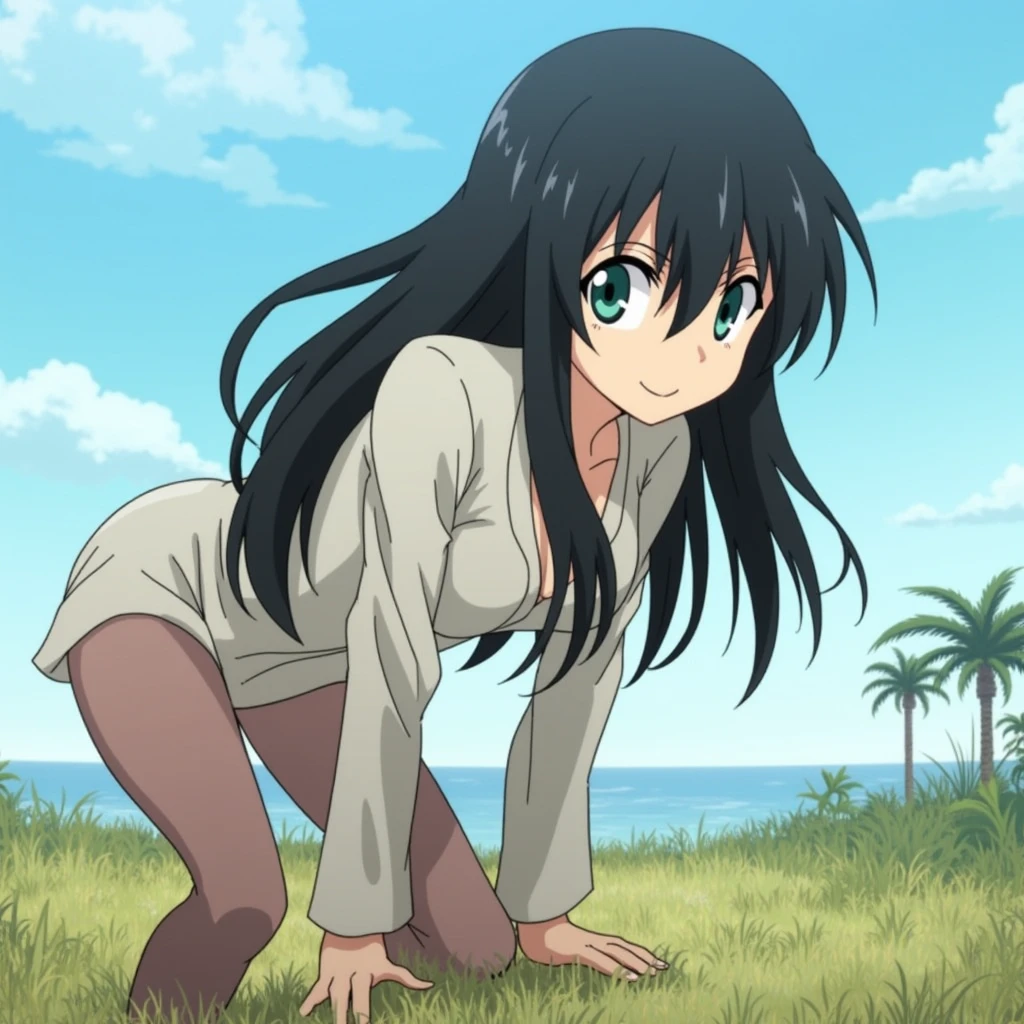 score_9, score_8_up, score_7_up, source_anime,
TophBeifong, Toph Beifong, long hair, sea foam green blind eyes, black hair, hair between eyes, open clothes,
Outdoors, bent over, smile,
looking at viewer, solo, cowboy shot, dutch angle,