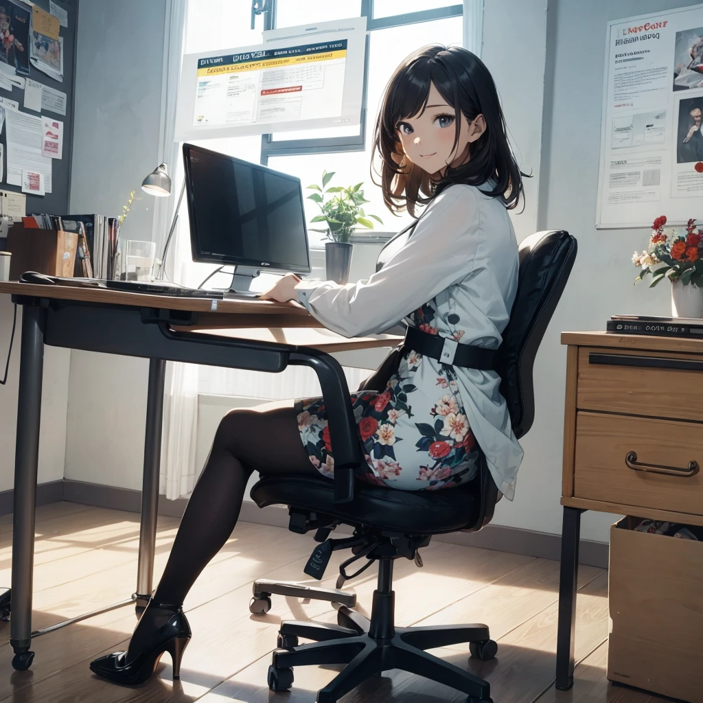 (Best Quality, Masterpiece), office lady Magazine Cover, 1girl,Magazine Cover, 1girl, amazing 30 years old wife, stunning, cute, warm smile, hourglass figure, floral dress, office desk, office chair,Lulubre Unity 8K Wallpaper, Beautiful background, clearly, Best Quality, The highest resolution, Best aesthetic,extremely detailed CG unity 8k,azine Cover,text, chart, advertising, magazine title