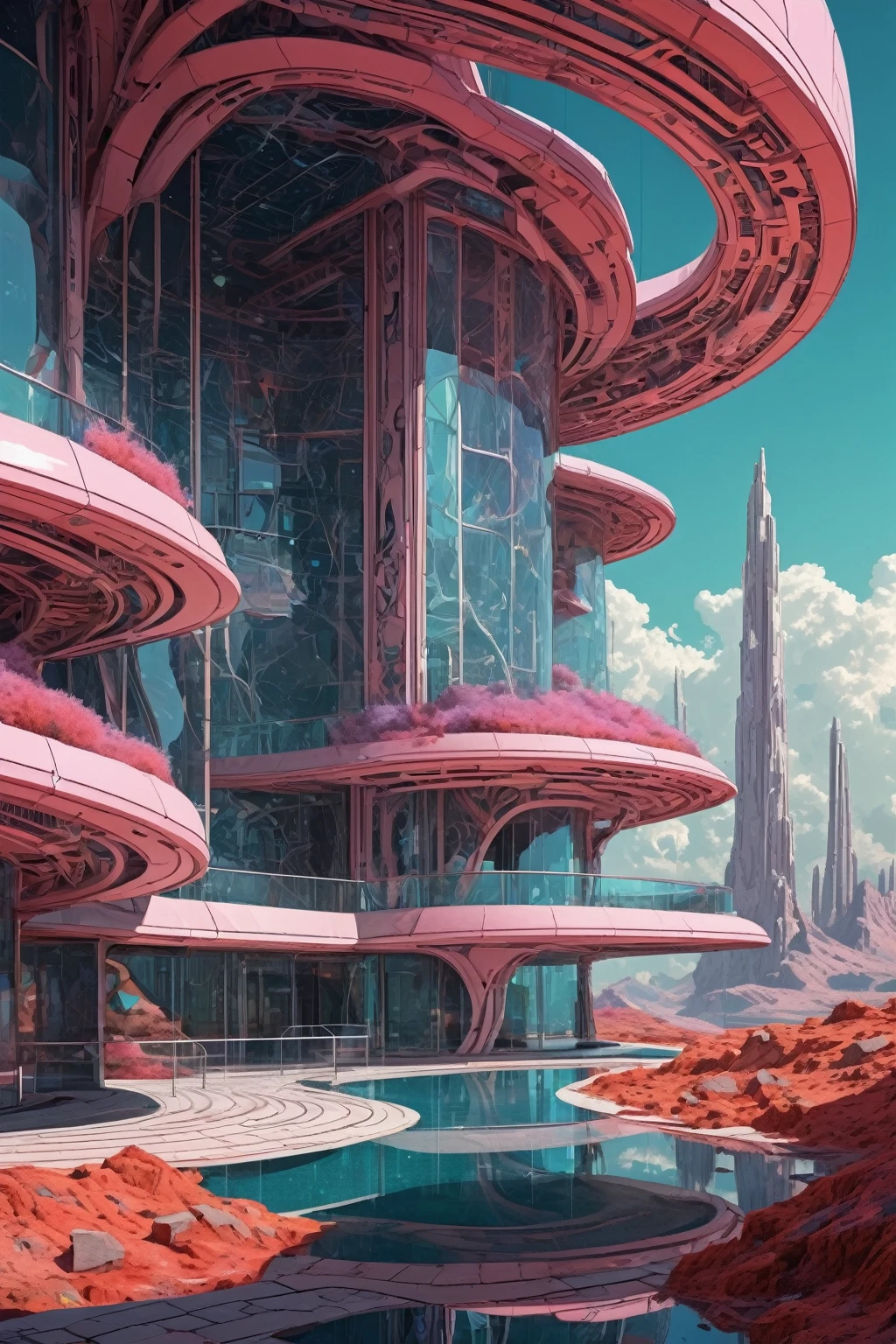 por Charles Schridde,Vivid color,terragen,extremely pretty,details Intricate,work of art,best qualityer,
futuristic style,lustrous,moderno,ultramodernoo,hightech,detailded,Ornate and intricate,
by Moebius and Marc Simonetti,no style of Nicola Samori,(dazzling , analog film but extremely masterful:1.4),
Architectural style,linhas limpas,geometric forms,minimalistic,Architectural drawing,highly detailded,