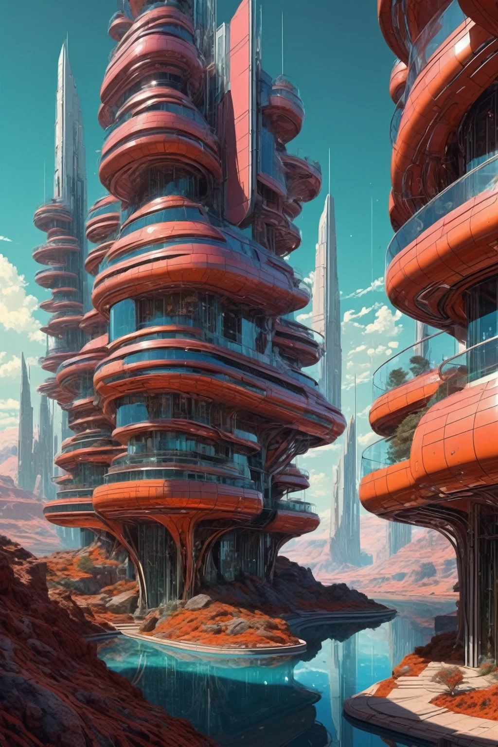 por Charles Schridde,Vivid color,terragen,extremely pretty,details Intricate,work of art,best qualityer,
futuristic style,lustrous,moderno,ultramodernoo,hightech,detailded,Ornate and intricate,
by Moebius and Marc Simonetti,no style of Nicola Samori,(dazzling , analog film but extremely masterful:1.4),
Architectural style,linhas limpas,geometric forms,minimalistic,Architectural drawing,highly detailded,