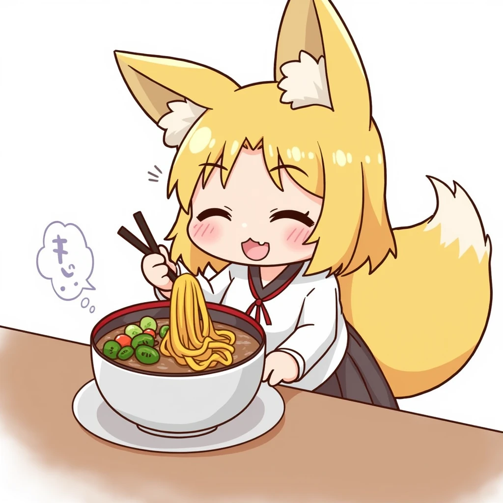 One person,One fox-eared girl,Long skirt,Udon、Yellowish brown fried tofu、,chopsticks,eat, Looks happy、cute、