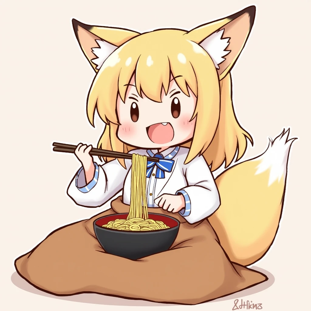 One person,One fox-eared girl,Long skirt,Udon、Yellowish brown fried tofu、,chopsticks,eat, Looks happy、cute、