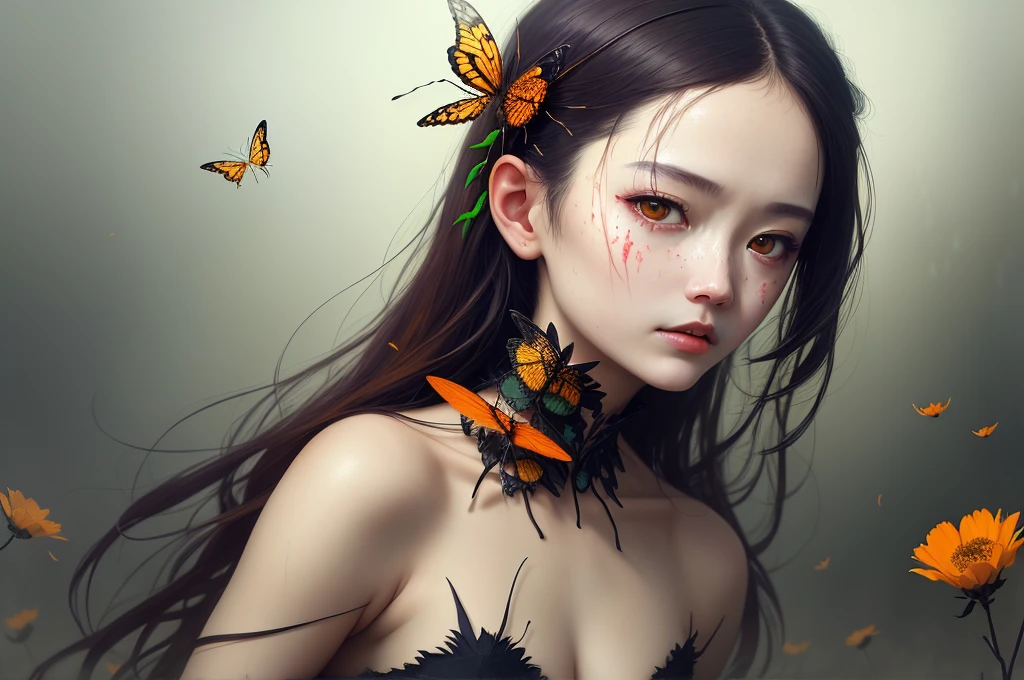 best quality, masterpiece, photo realistic, highly detailed, tormented pain spiraling into an endless abyss, masterpiece, best quality, a girl in a field of decaying flowers, battlefield, dynamic angle, cowboyshot, the most beautiful form of chaos, elegant, a brutalist designed, vivid colours, romanticism, by james jean, roby dwi antono, ross tran, francis bacon, michal mraz, adrian ghenie, petra cortright, gerhard richter, takato yamamoto, ashley wood, atmospheric, ecstasy of insects and decayed branches, photo of a girl with insects and flowers on hair and neck, snakes and worms, orange, green, zwd, zuowangdao