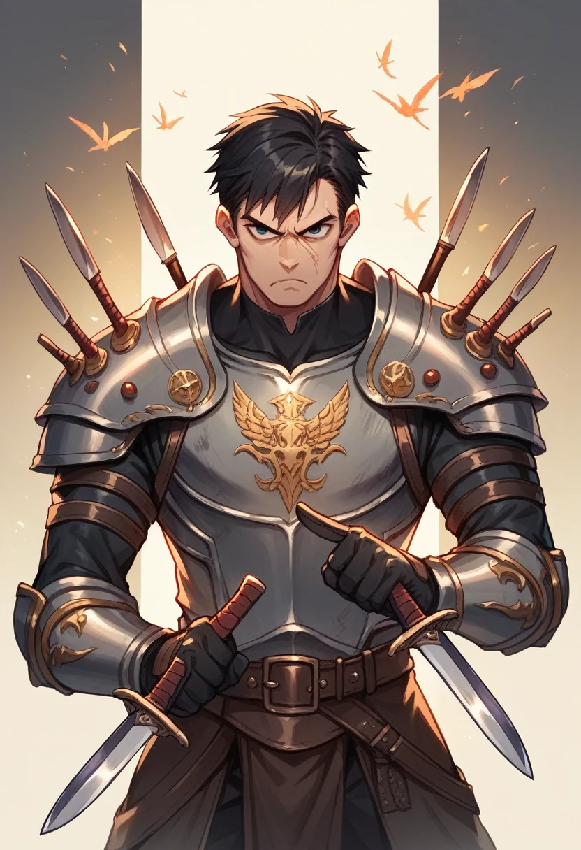 Fantasy games, male warrior, black hair, 30-year-old male, serious expression, Warrior Armor Costume, Pick up the knife, Victory Pose, Main character face