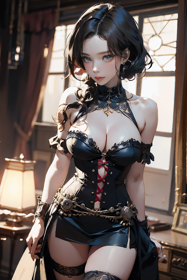 8K RAW Photos、High resolution、Sexy 21 year old cool Korean posing in corset and garters、Appeared in ARA File Photos, steampunkの美しいアニメの女性, steampunkの美しい女神, Like a female mechanic, steampunkの衣装を着ている, steampunkの世界で,鮮やかなsteampunkのコンセプト, ( steampunk ), gorgeous cosplay, (Large Breasts), steampunk, steampunkの世界で, steampunk style, steampunkの美学, steampunkファンタジースタイル, steampunk, steampunk style, Beautiful eyes down to the smallest detail in cosplay、Long eyelashes、Beautiful double eyelids、eye shadow、Narrow eyes、Three white eyes、Heavy eye makeup、Wicked Smile、Slim and beautiful legs、Tying short hair back、earring skirt,NSFW