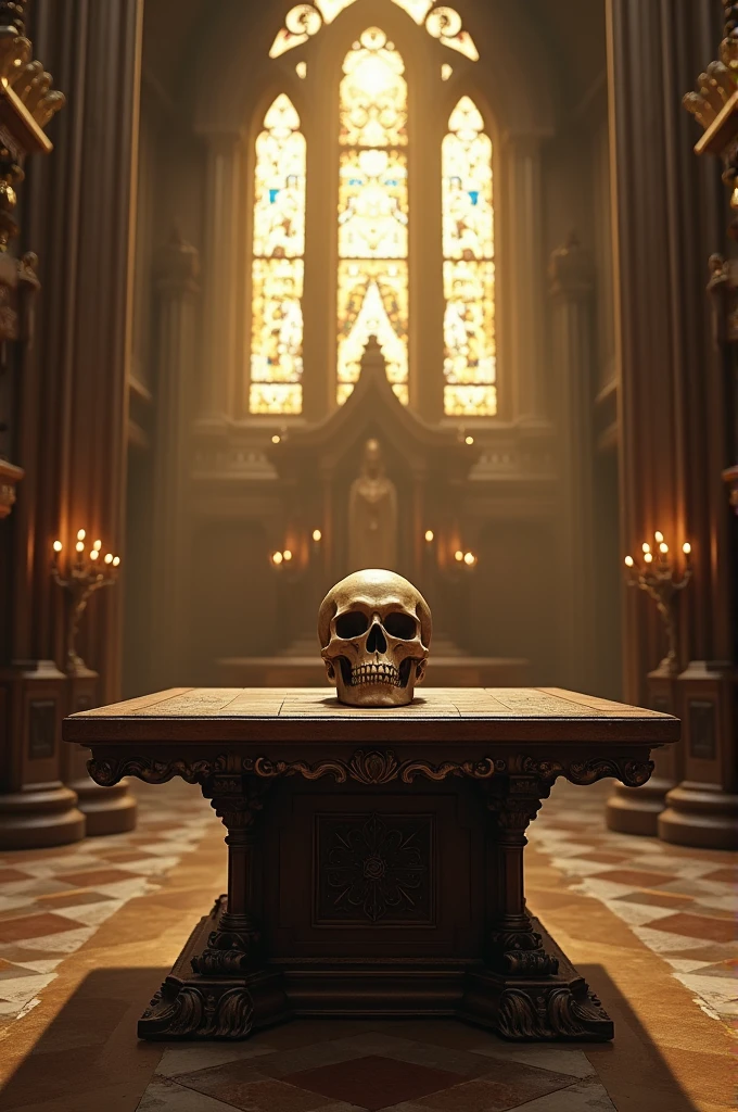 Inside the church, there was a large table in the center of the room with a skull on it.