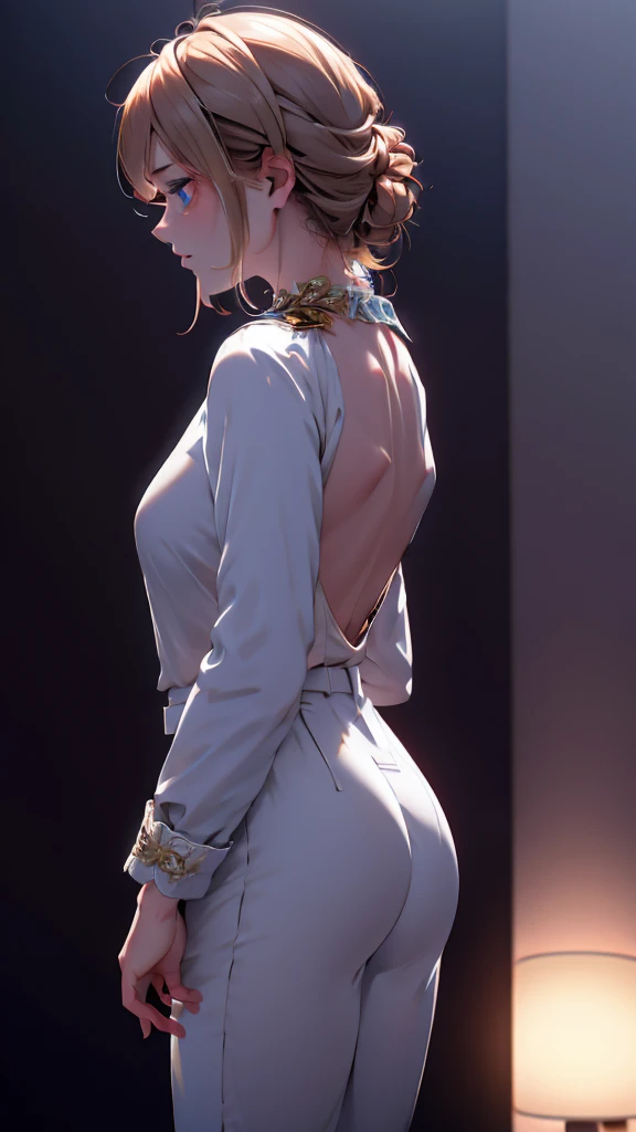 1 Girl, medium light gold hair, light blue eyes, wearing Black Suit 4D , night club TOWN 18+, high res, ultrasharp, 8K, masterpiece, looking from behind