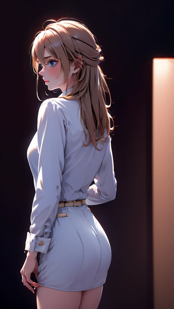 1 Girl, medium light gold hair, light blue eyes, wearing Black Suit 4D , night club TOWN 18+, high res, ultrasharp, 8K, masterpiece, looking from behind