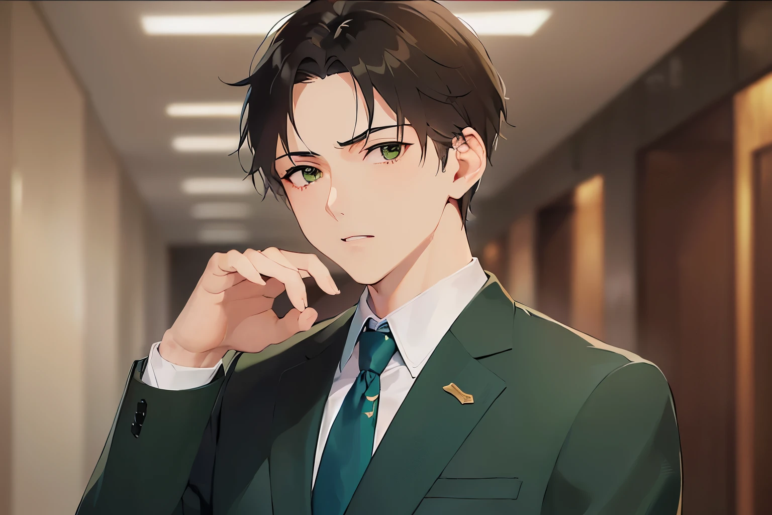 hand up, upper body、shiny skin, masterpiece、Highest quality、(25-year-old male:1.5) and (Brown short hair) and (green eyes), BREAK (suit:1.5) and (Blue tie） BREAK 立っている、sad、The background is a company corridor、(Alone:1.5)、Upper body is shown