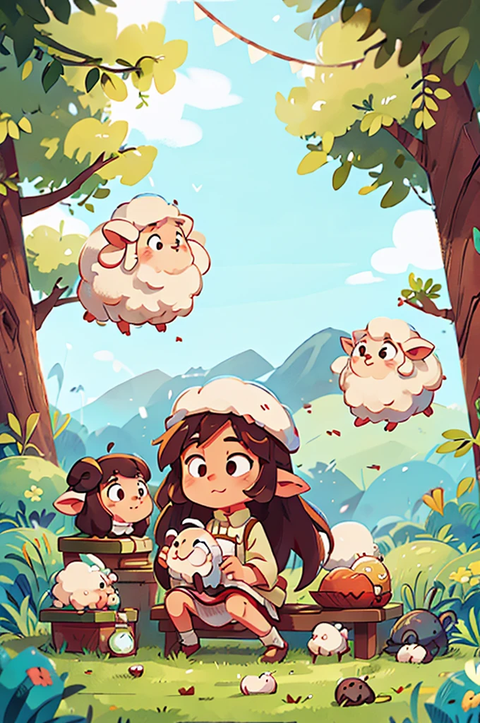 An Asian student plucking a sheep，Lovely sheep，White wool