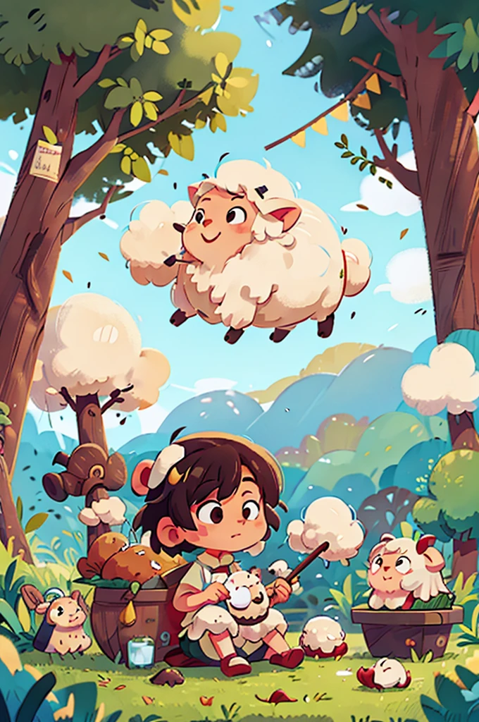 An Asian student plucking a sheep,Lovely sheep,White wool