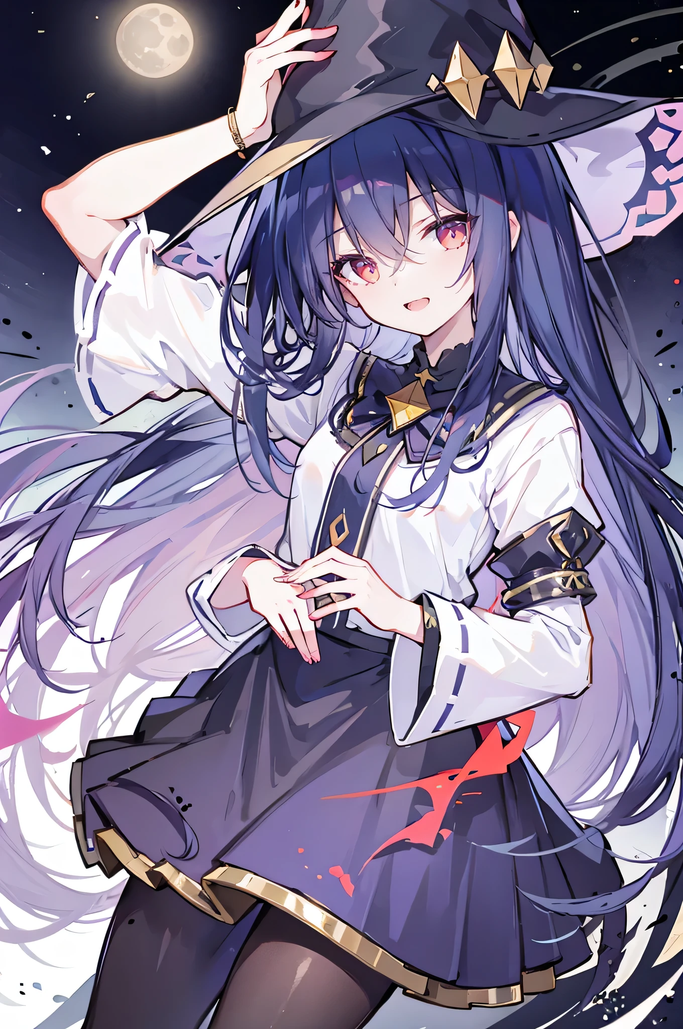 oung Girls,Humanity,A magician always smiles,big witch hat,cute,dark blue long hair,The eyes are dull,The bangs are heavy,Thin eyebrows,fantasy,intake,Double teeth,Star Theme,Constellation pattern,Solid color clothetal decoration,cloak,A bit of a dark atmosphere,A little crazy smile,When the big moon shines outside at night,blood,Hair black star embellishment,Short tie,No nails,High waist skirt,Bell sleeves,Long-sleeved shirt,Black tie,low risk,gentlemen。Mist、Yellow and white effect，Shocking pink as an accent color,two arms. 