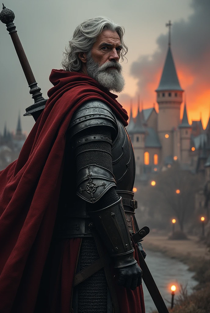 un vieux paladin en armure sombre avec des cheveux gris tenant une épée lumineuse et avec un bouclier, se tenant devant une ville en flamme dans un style fantastique
