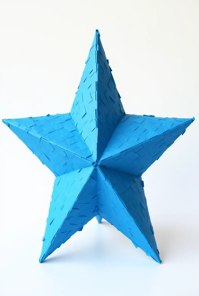 Create a 3D piñata out of blue textured paper in the shape of a star with no background that is facing forward